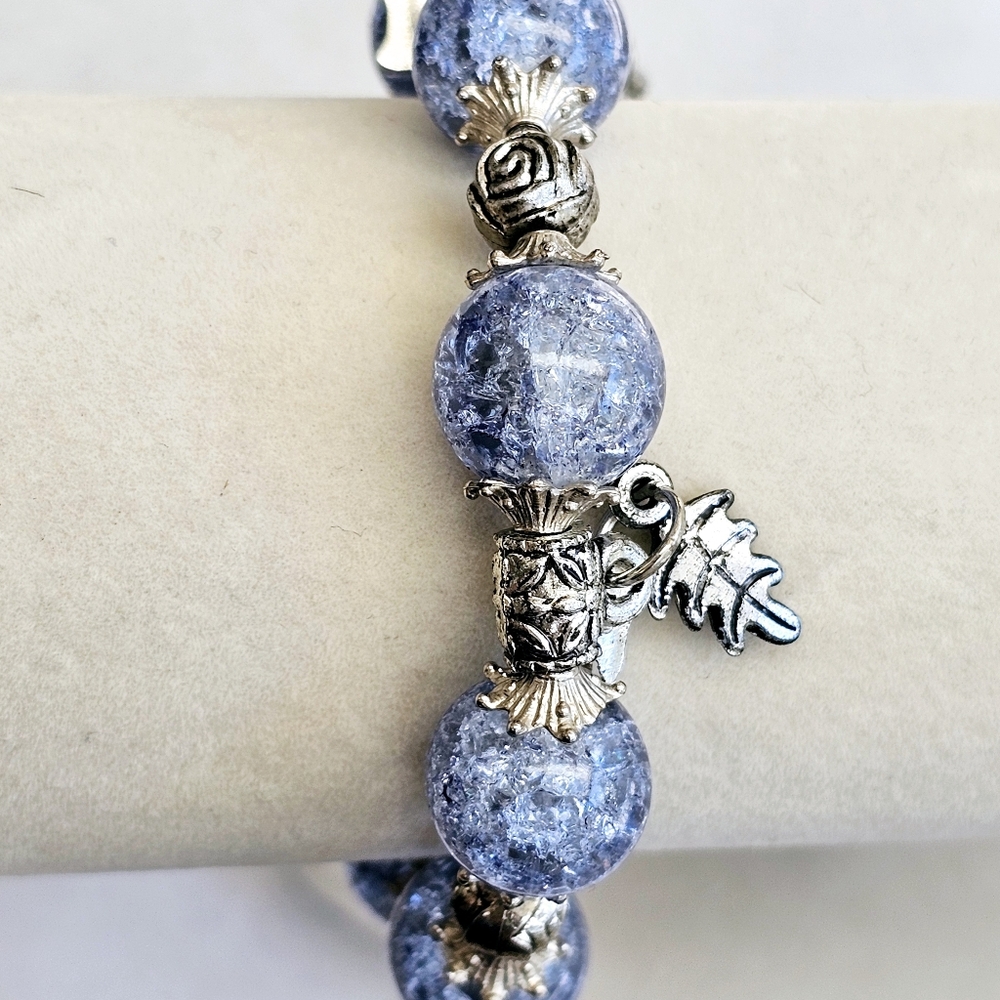 SET Blue Bead Silvertone Necklace with Blue Crackle Glass Stretch Bracelet - Picture 4 of 16